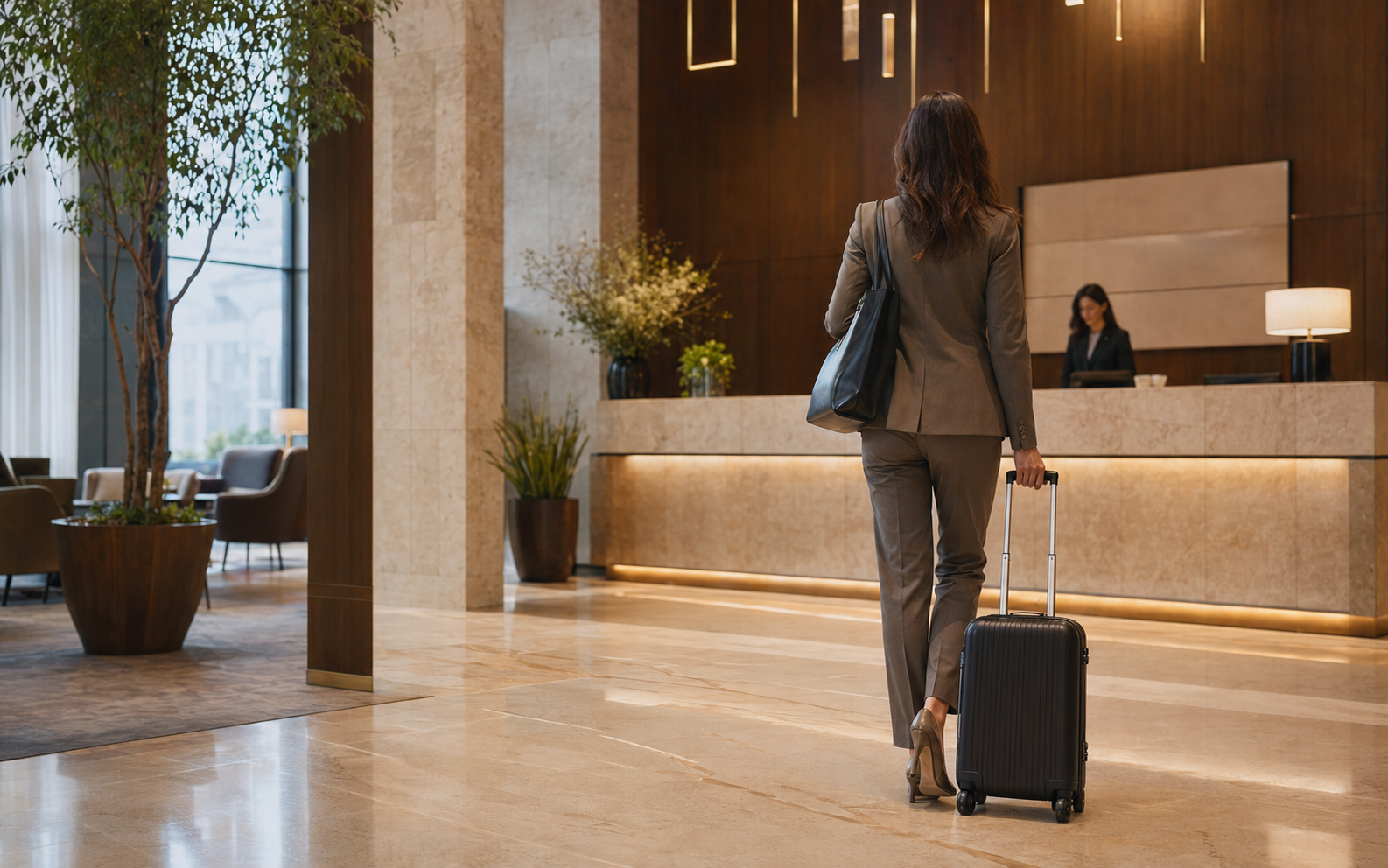 Viajante corporativa chegando a um hotel